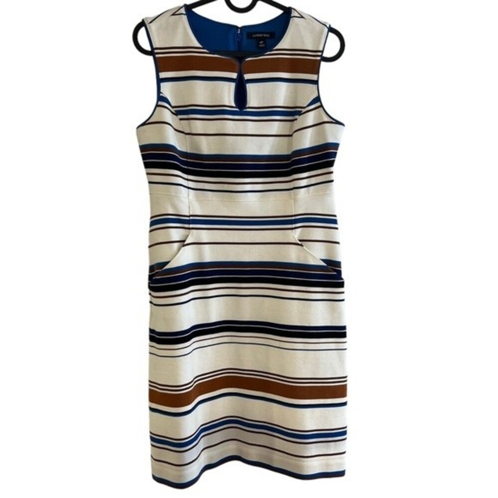 Lands End 4P sheath dress pockets, keyhole neckline, back slit and zip, striped
